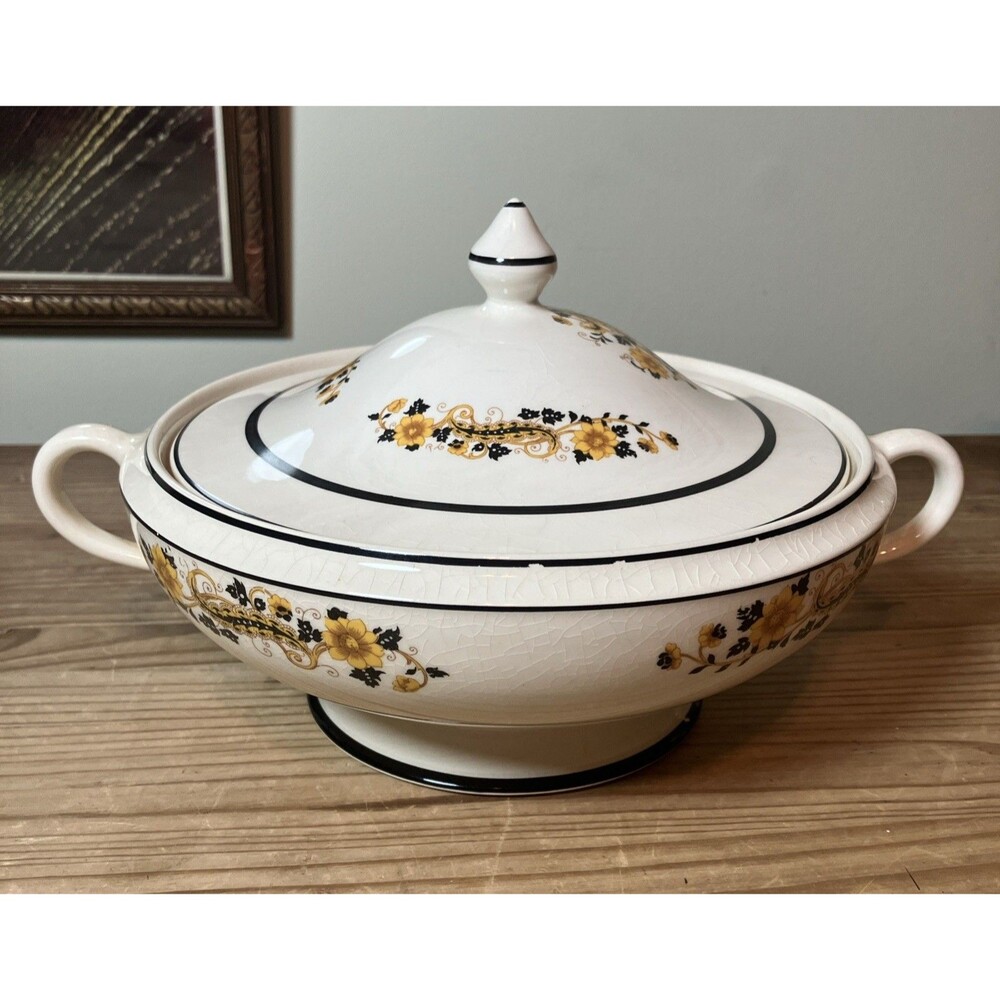 Antique Smith Phillips Art Deco Black Yellow Floral Paisley Lidded Serving Dish